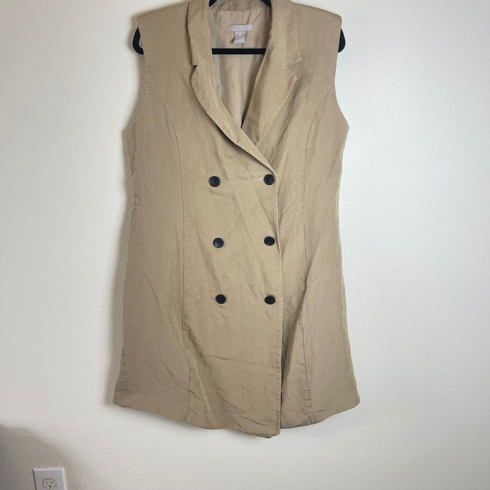 H&M Women Beige Double Breasted Sleeveless‎ Blazer Dress Vest Linen Blend L